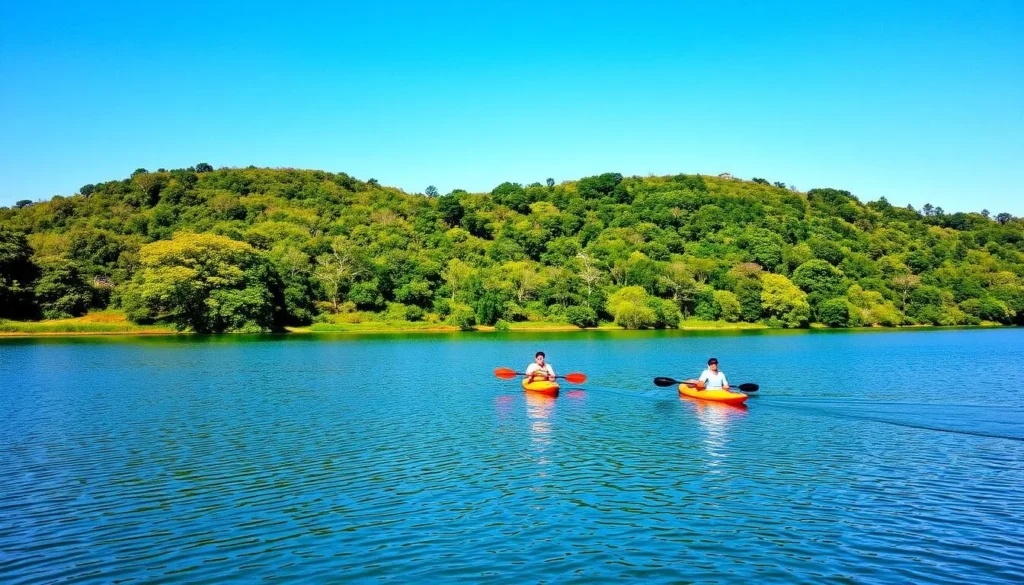 Generate an image of Sihwa Lake Eco Park with kayakers paddling on the lake.
