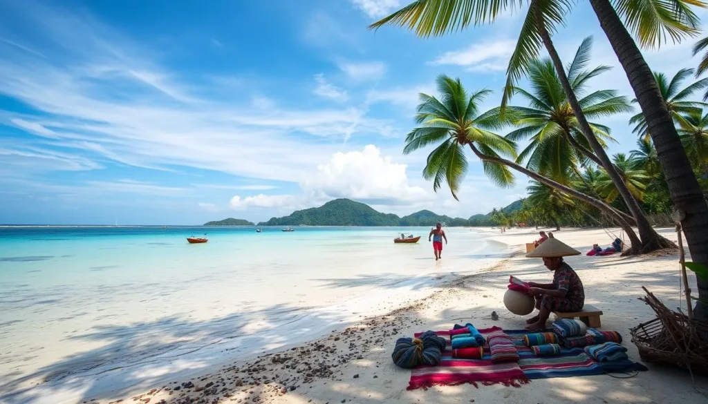 Generate an image of Silk Island with a serene beach and local weavers at work.