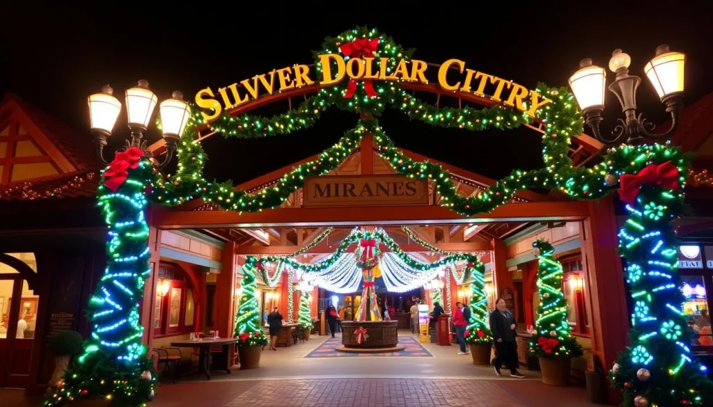 Generate an image of Silver Dollar City's main entrance with a festive atmosphere.