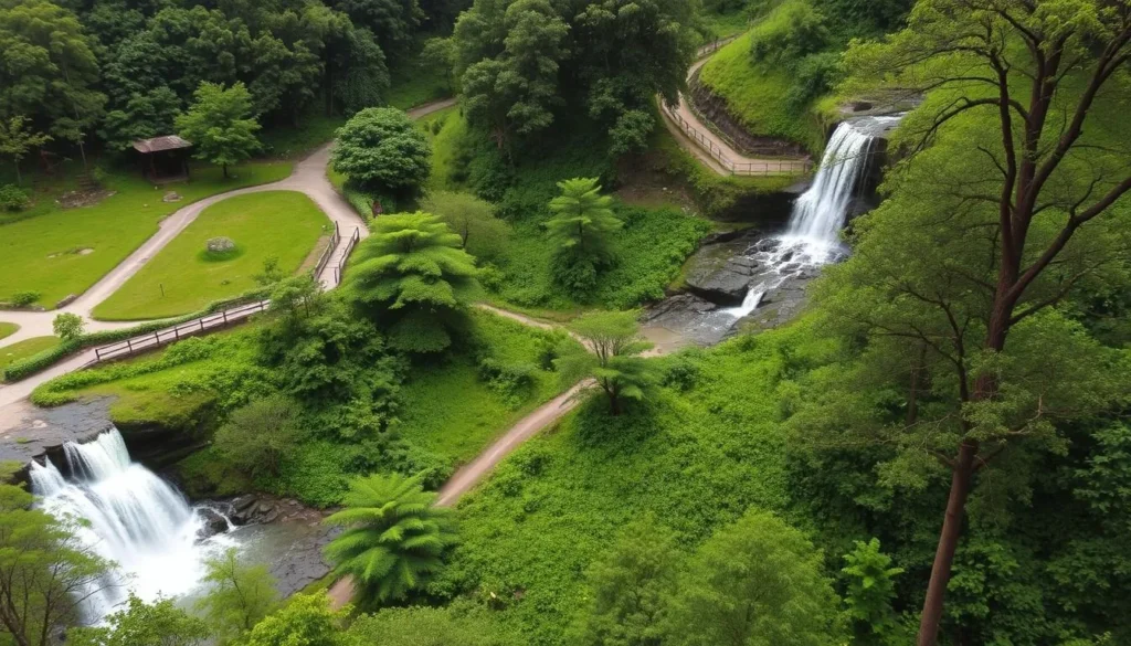 Generate an image of Sitakunda Eco Park with its lush greenery, hiking trails, and the Suptadhara waterfall.