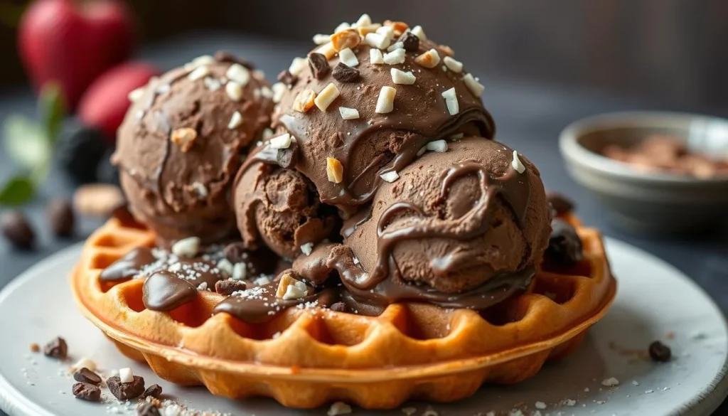 Generate an image of Smoocht's dark chocolate ice cream on a vegan waffle