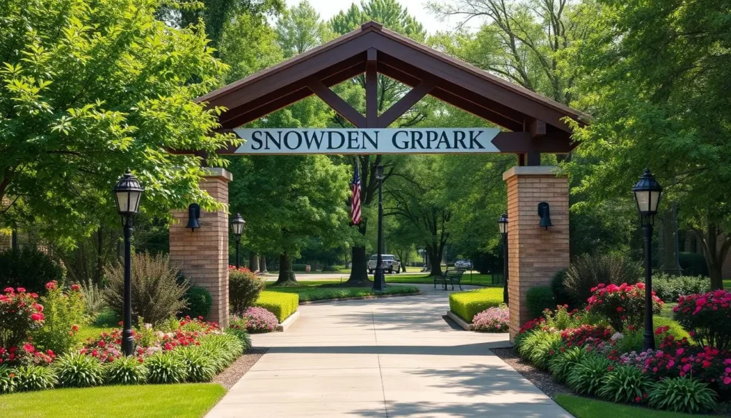 Generate an image of Snowden Grove Park's main entrance, showcasing its beautiful landscaping and welcoming atmosphere.