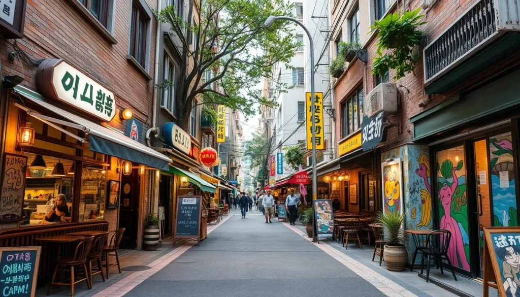 Generate an image of Soje-dong Cafe Street with its unique cafes and artistic murals.