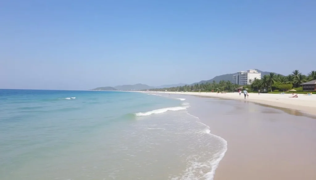 Generate an image of Sokha Beach with its clear waters and well-manicured shoreline.