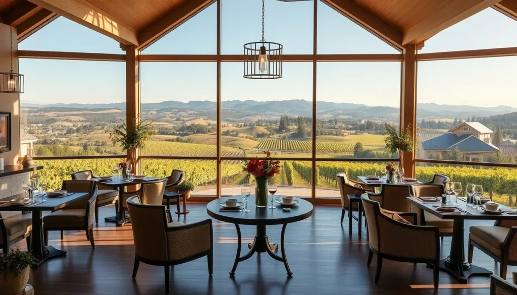 Generate an image of Sokol Blosser Vineyards' stunning tasting room with beautiful views of Dundee Hills.