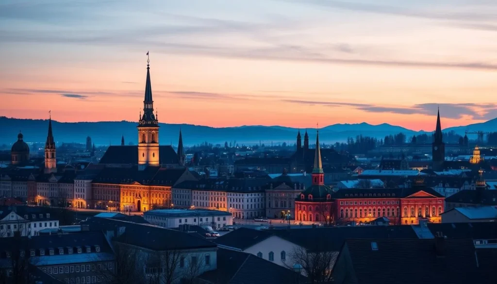 Generate an image of Solothurn's evening skyline with illuminated historical buildings.