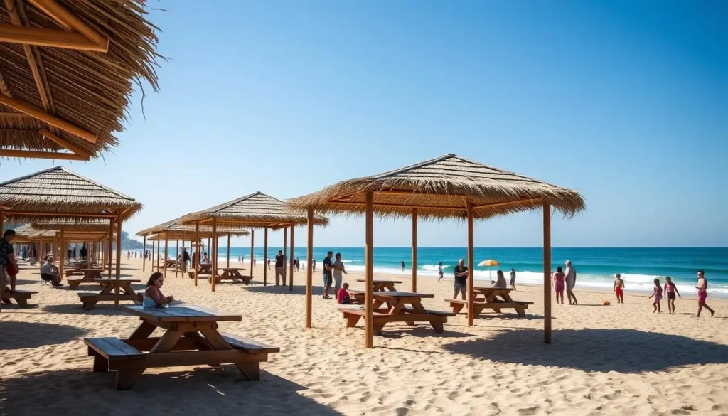 Generate an image of Sombrero Beach with picnic pavilions and families enjoying the beach.