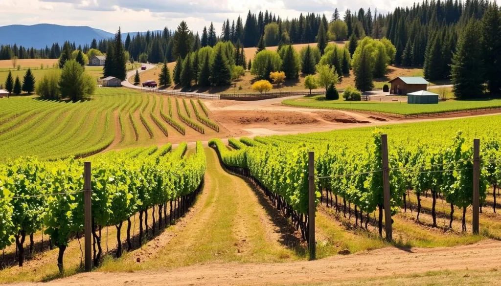 Generate an image of Soter Vineyards' Mineral Springs Ranch, showcasing its biodynamic farm and vineyard near Carlton.