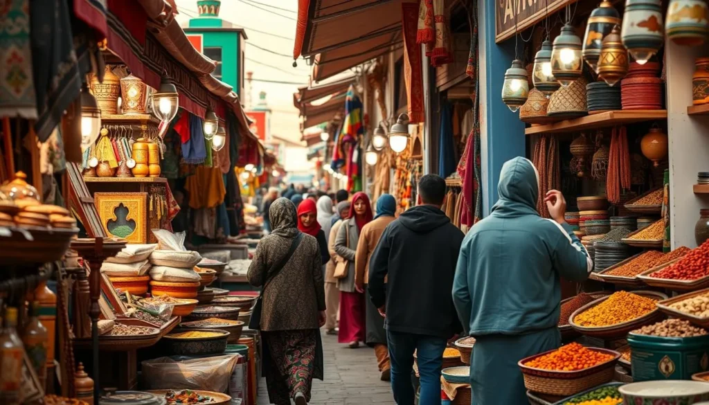 Generate an image of Souk El Had market in Agadir, showcasing vibrant stalls and traditional Moroccan crafts.