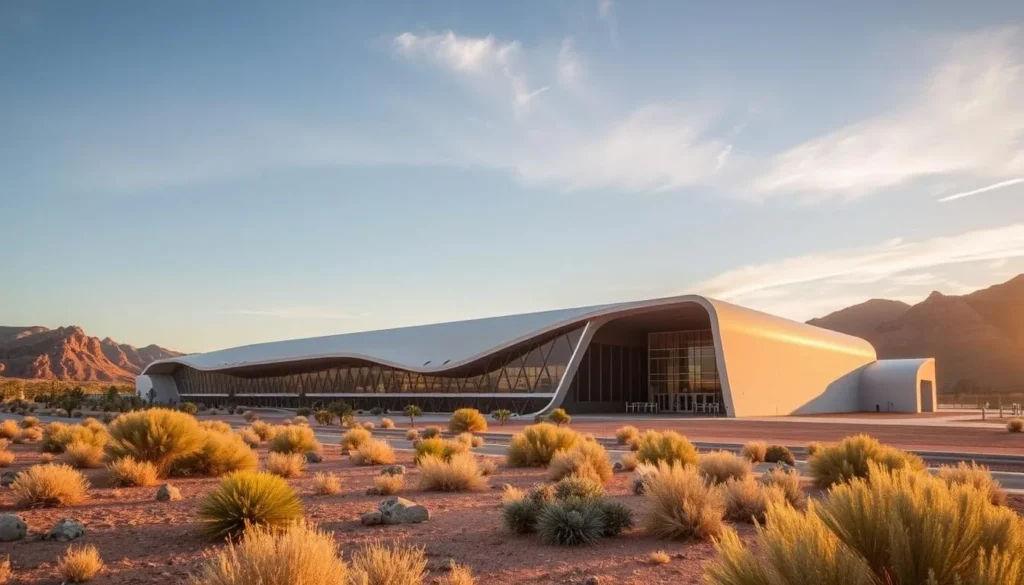 Generate an image of Spaceport America's terminal hangar facility, showcasing its unique architecture that blends with the desert landscape.