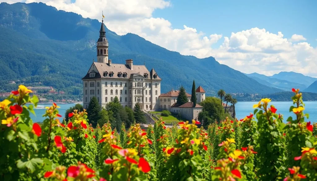 Generate an image of Spiez Castle situated on the shores of Lake Thun, with lush vineyards in the background.