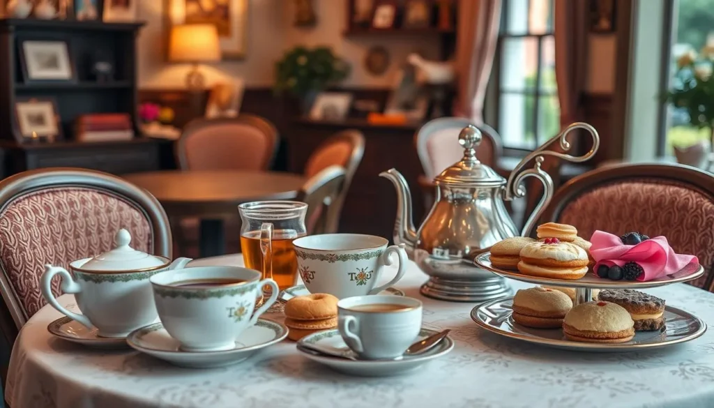 Generate an image of Spring Creek Tea Room's quaint setting or a selection of their teas and pastries.
