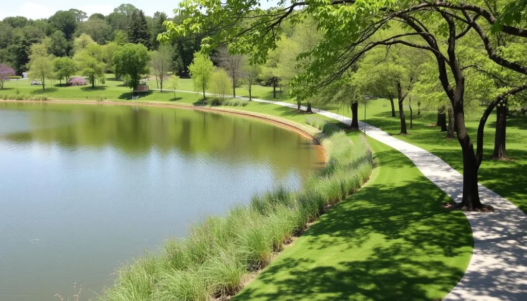 Generate an image of Spring Lake Park with a serene lake and walking trails.