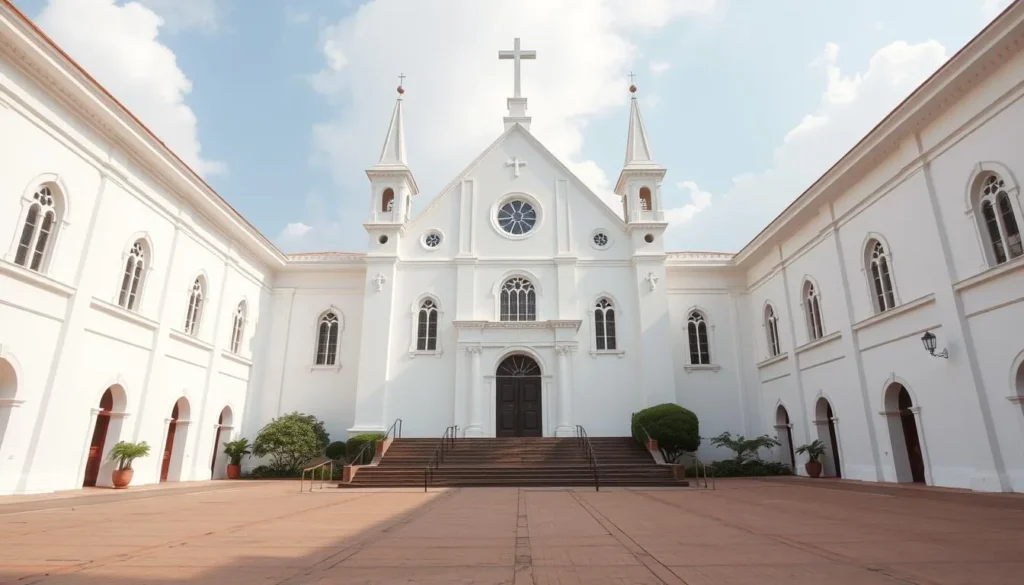 Generate an image of St. Clement Cathedral in Kananga, Democratic Republic of the Congo, showcasing its bold white facade and peaceful courtyard.