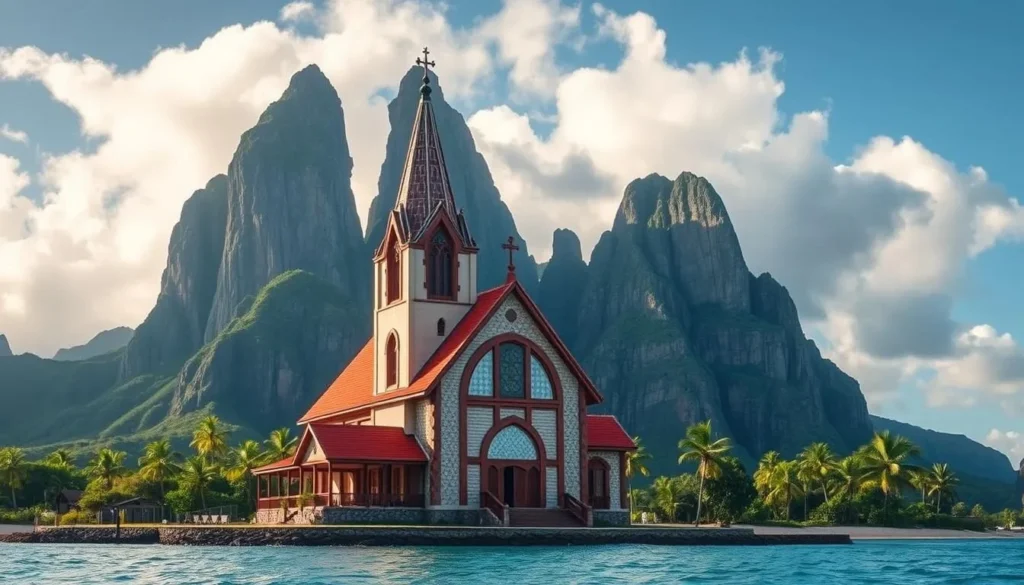 Generate an image of St. Etienne Catholic Church on Ua Pou Island, French Polynesia, with its distinctive Polynesian architecture and stunning backdrop of basalt peaks.
