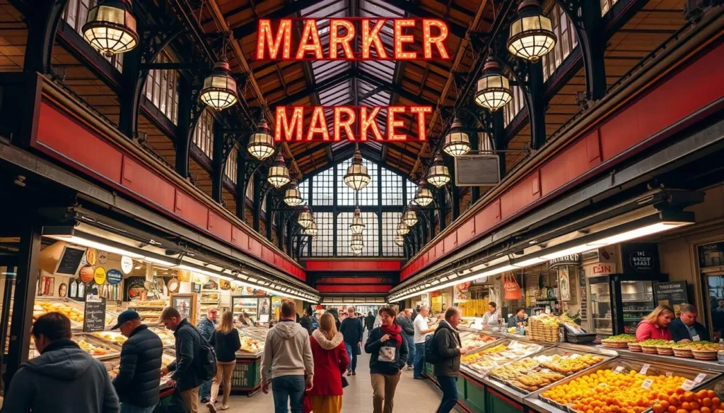 Generate an image of St. Lawrence Market's interior, showcasing its vibrant atmosphere and variety of food stalls.
