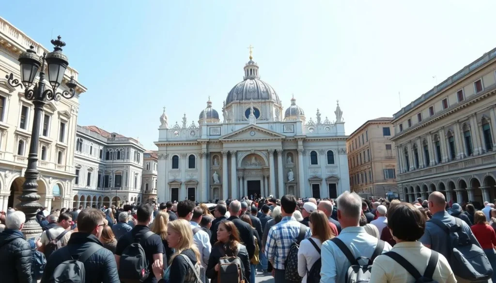 Generate an image of St. Mark's Basilica with a long line of tourists waiting to enter.