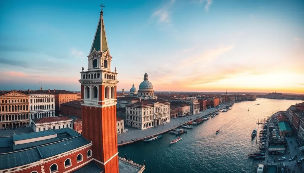 Generate an image of St. Mark's Campanile with a panoramic view of Venice