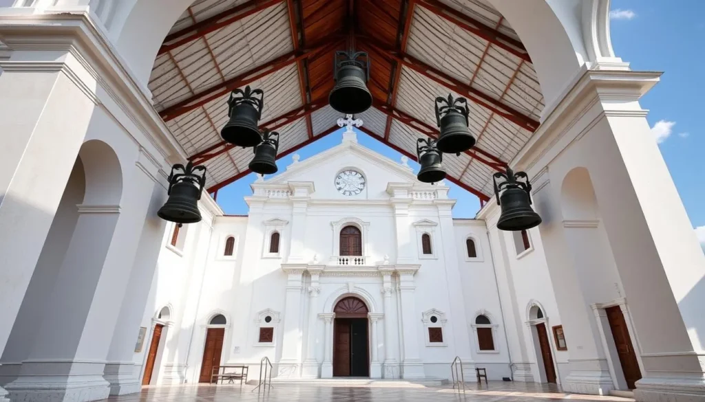 Generate an image of St. Mark's Cathedral in Tuxtla Gutierrez, Mexico, showcasing its neoclassical white walls and 48 bells.