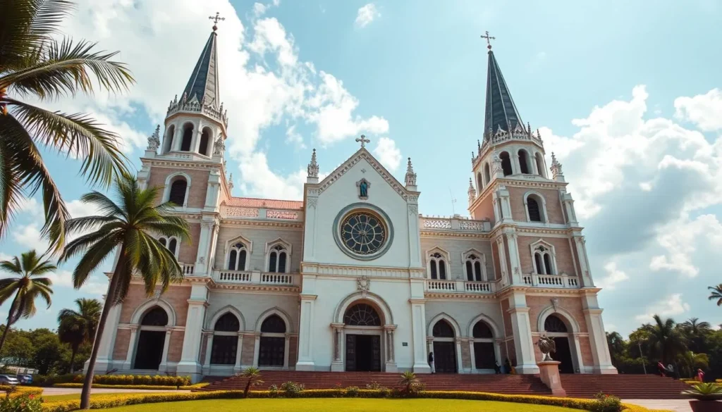 Generate an image of St. Michael's Cathedral in Libreville, Gabon, showcasing its unique blend of European and African architectural styles.