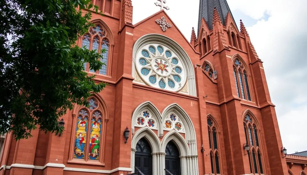 Generate an image of St. Paul's Cathedral in Enugu, Nigeria, highlighting its Gothic-inspired architecture and stained glass windows.