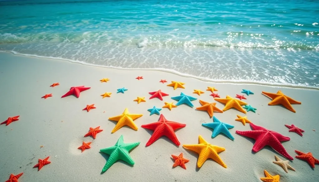 Generate an image of Starfish Beach with starfish scattered along the shore.