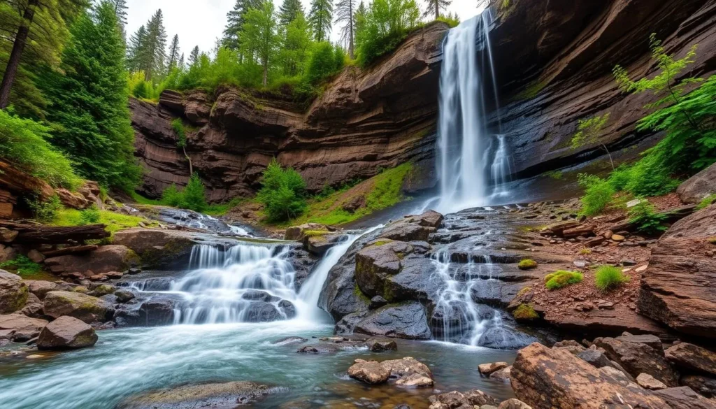 Generate an image of Steelhead Falls, a 20-foot waterfall in the Deschutes River canyon.