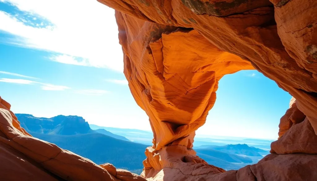 Generate an image of Storm Castle Peak's natural rock "window" framing the surrounding landscape.
