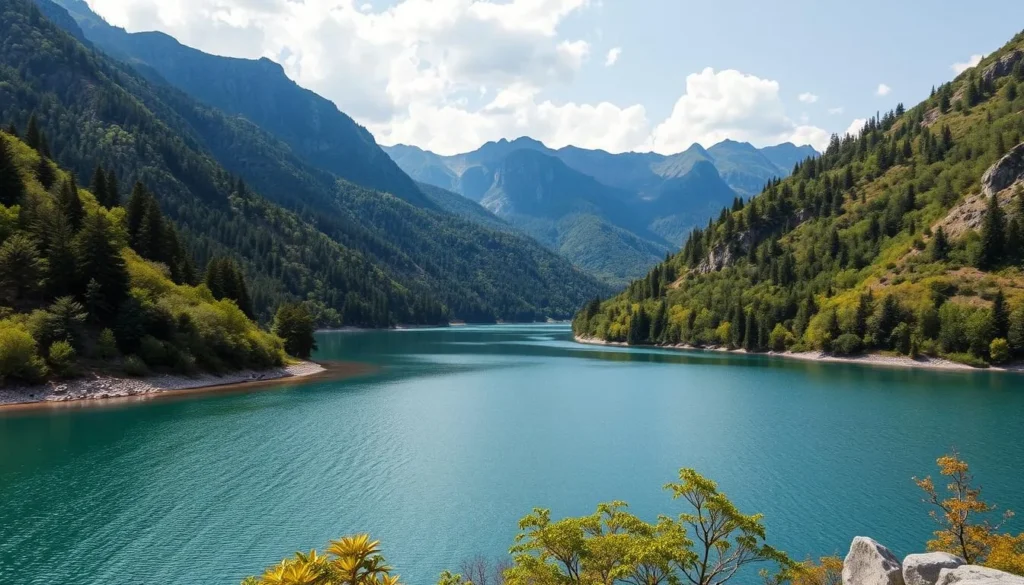 Generate an image of Strawberry Reservoir surrounded by mountains and lush greenery.
