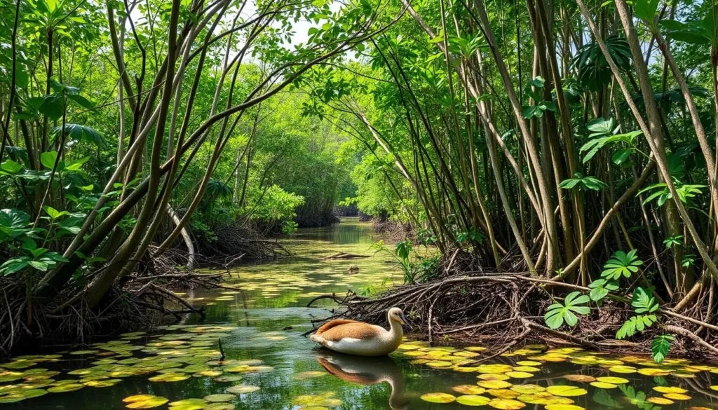 Generate an image of Sungei Buloh Wetland Reserve's mangrove forest with native wildlife