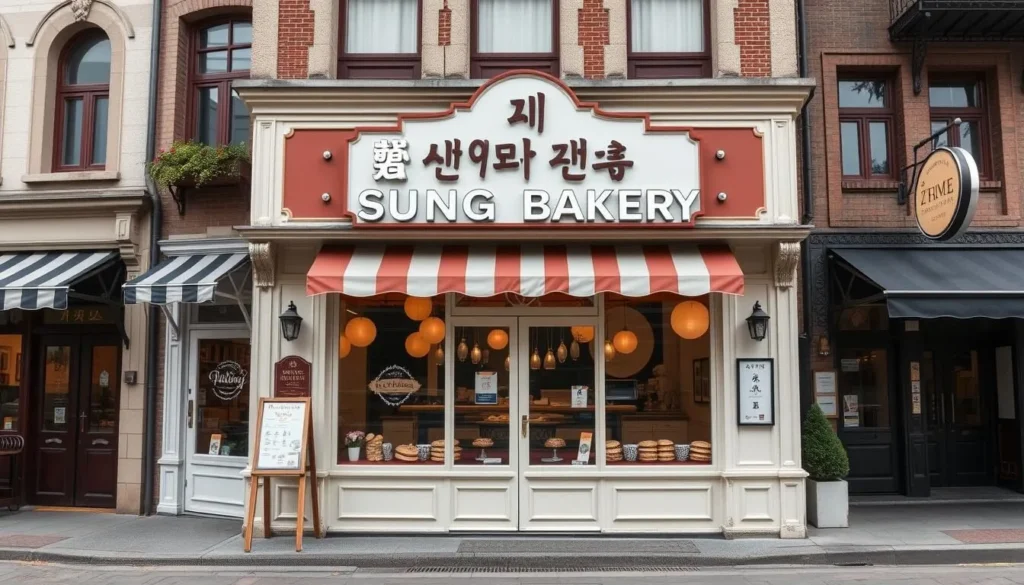 Generate an image of Sungsimdang Bakery's exterior, showcasing its retro European-style design.