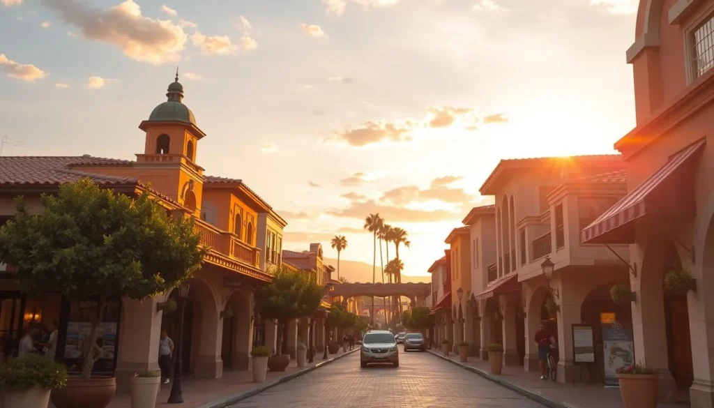 Generate an image of Sunset Town's picturesque streets with Italian-inspired buildings and a lively atmosphere.