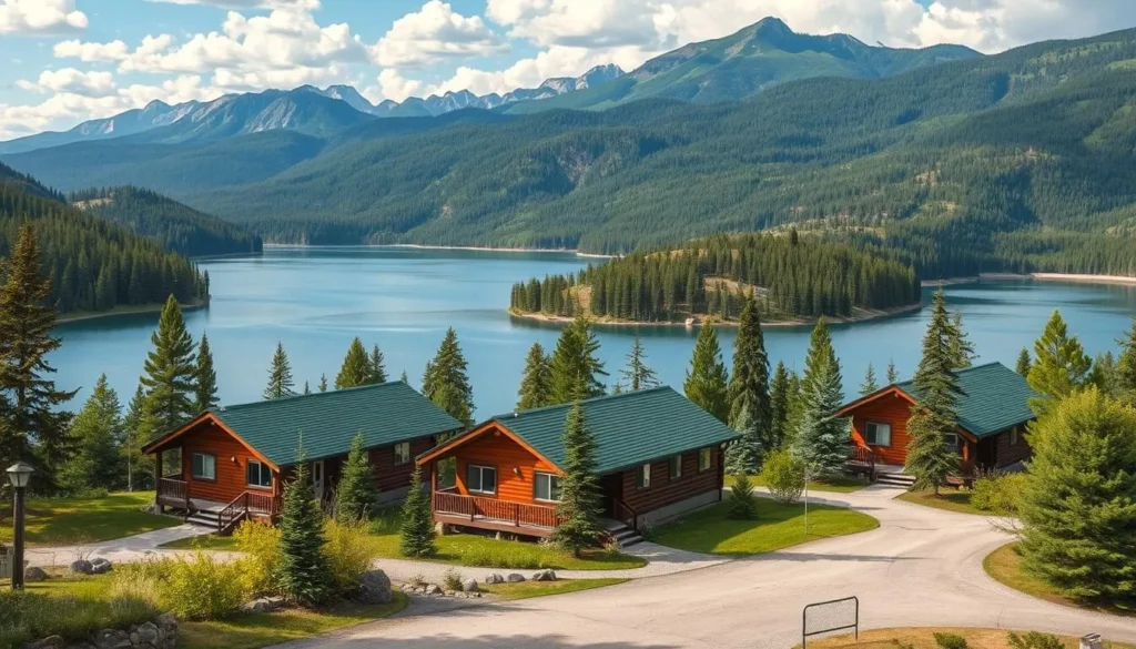 Generate an image of Swiftcurrent Motor Inn with cabins and surrounding landscape. Generate an image of Swiftcurrent Motor Inn with cabins and surrounding landscape.