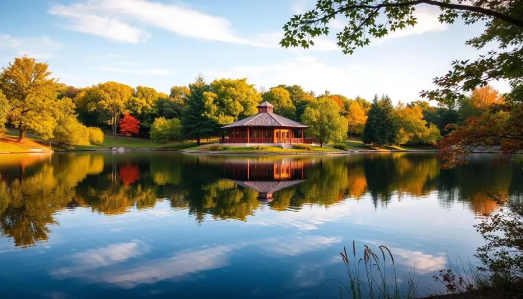 Generate an image of Swope Park's Lakeside Nature Center surrounded by trees and a serene lake.
