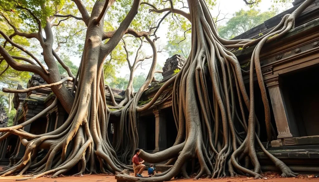 Generate an image of Ta Prohm temple with massive trees growing out of the ruins, their roots entwining the stone structures.