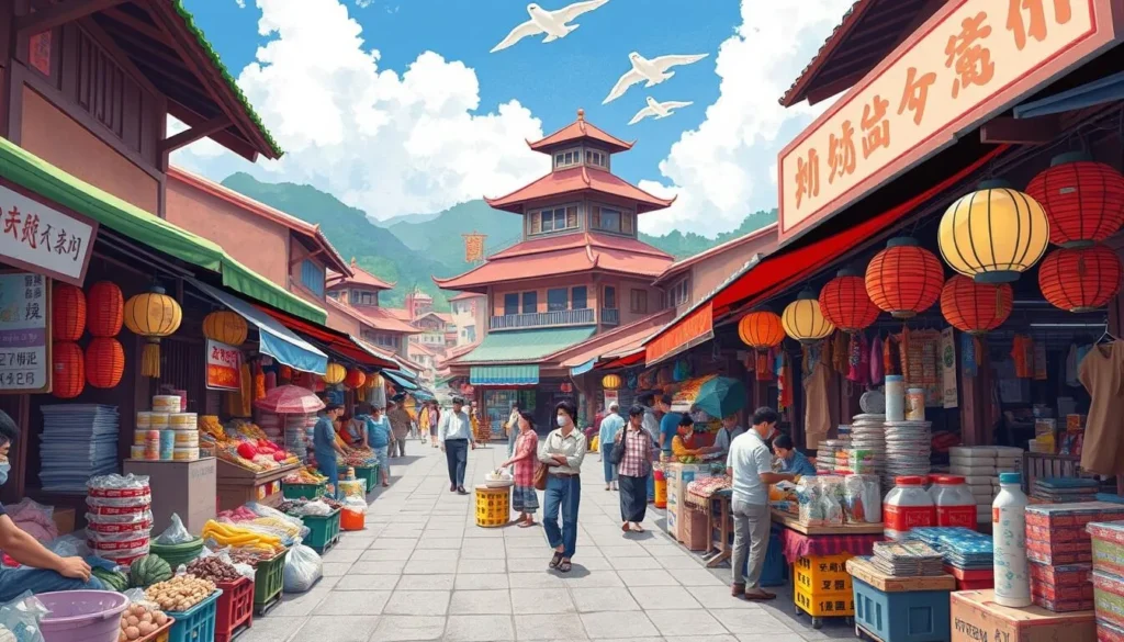Generate an image of Takeo Market with vibrant stalls and local vendors.