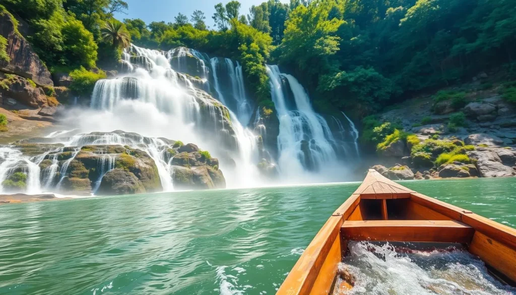 Generate an image of Tamul Waterfall with a boat in the foreground and lush greenery surrounding it.