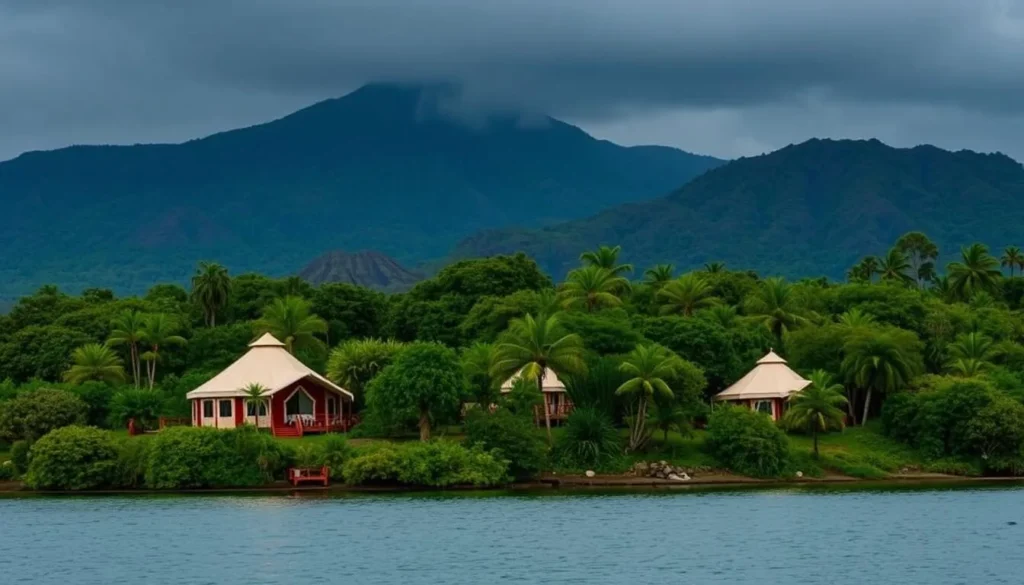 Generate an image of Tchegera Island in Lake Kivu with glamping tents and volcanic surroundings.