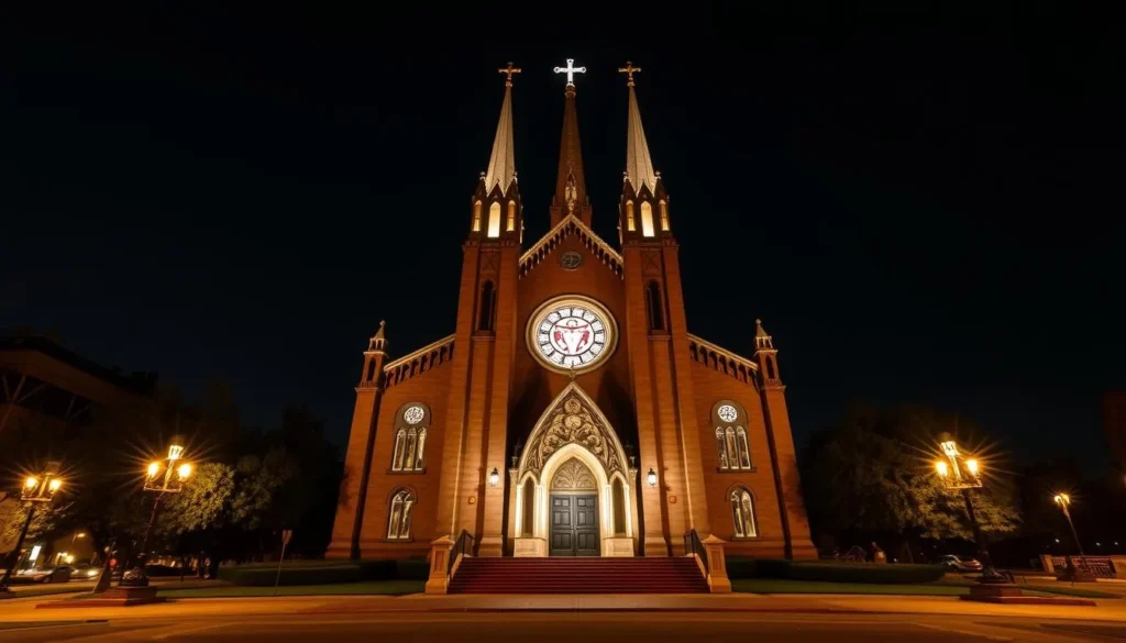 Generate an image of Templo Expiatorio del Sagrado Corazón at night with its façade illuminated.