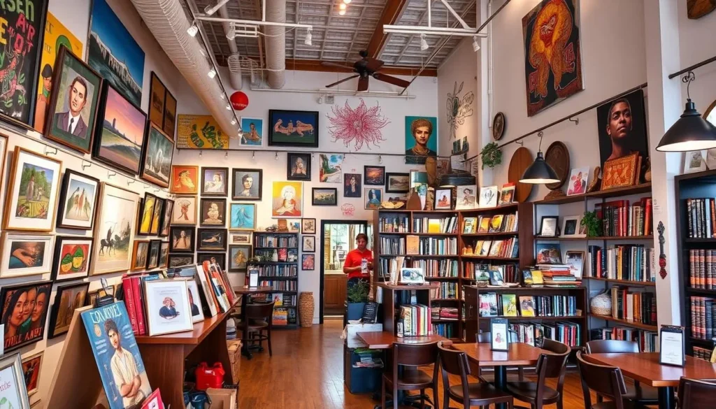 Generate an image of Terra Kulture's interior, highlighting its art gallery, bookstore, and restaurant.