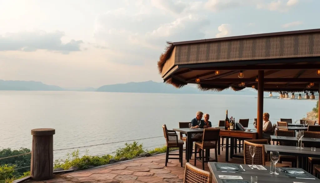 Generate an image of Terrasse Bar with a serene Lake Kivu background