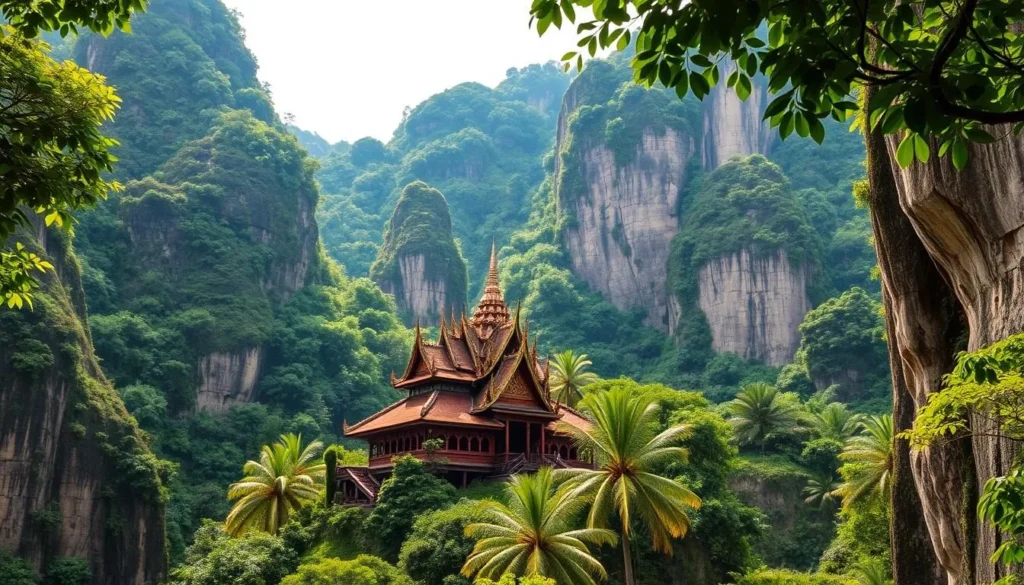 Generate an image of Thai Vi Temple surrounded by jungle-covered limestone karsts.