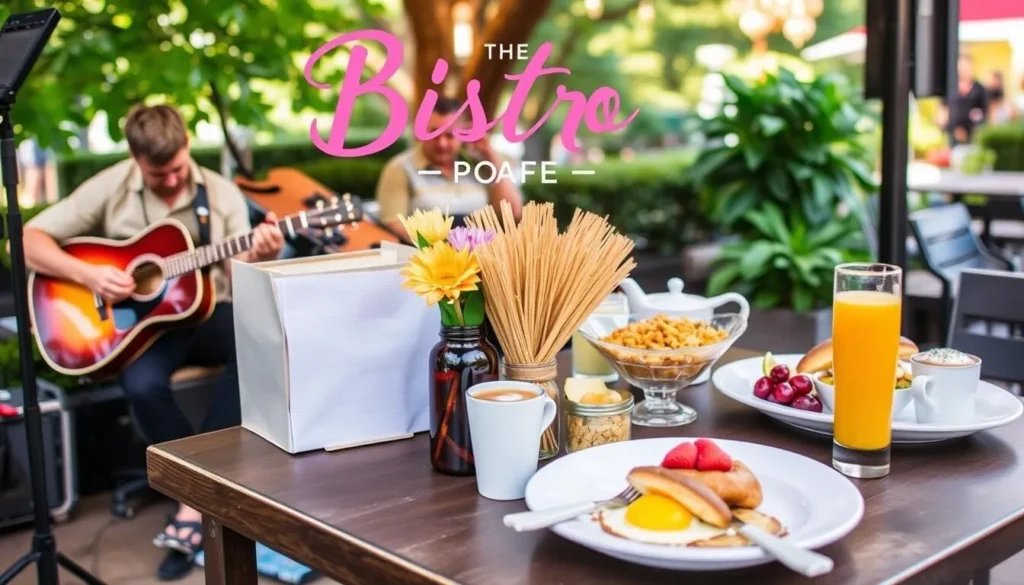 Generate an image of The Bistro Pop-Up Cafe with its breakfast specialties and live music performance.