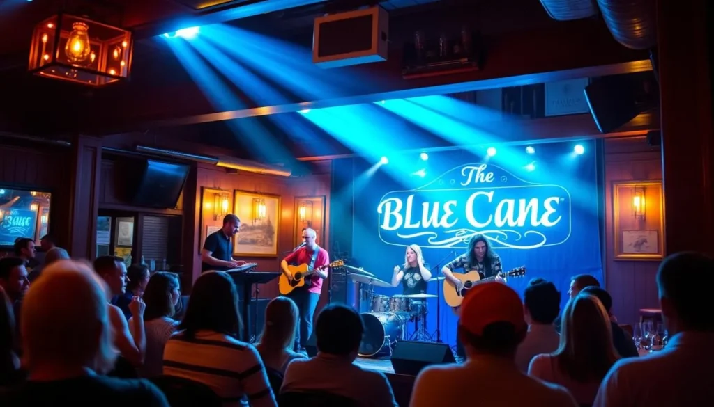 Generate an image of The Blue Canoe's interior with a live band performing