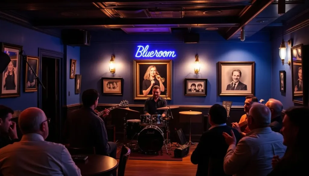 Generate an image of The Blue Room Jazz Club's interior, showcasing its intimate setting and live jazz performance.