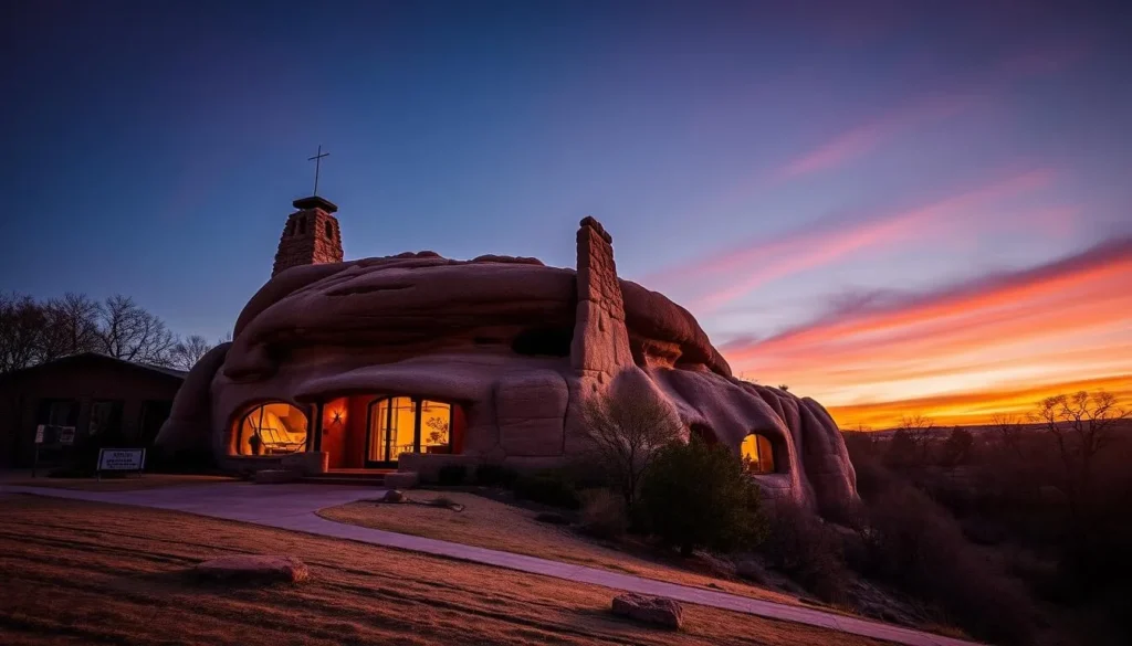 Generate an image of The Cave House in Tulsa, Oklahoma, showcasing its unique architecture.