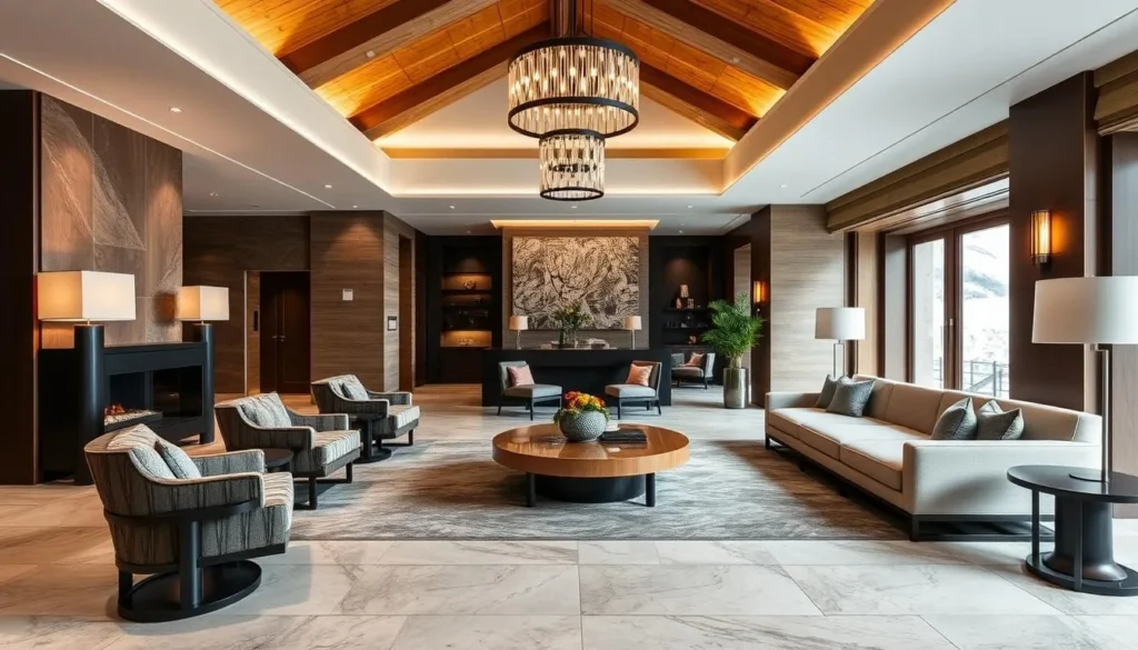 Generate an image of The Chedi Andermatt's luxurious lobby with a blend of alpine and Asian design elements.