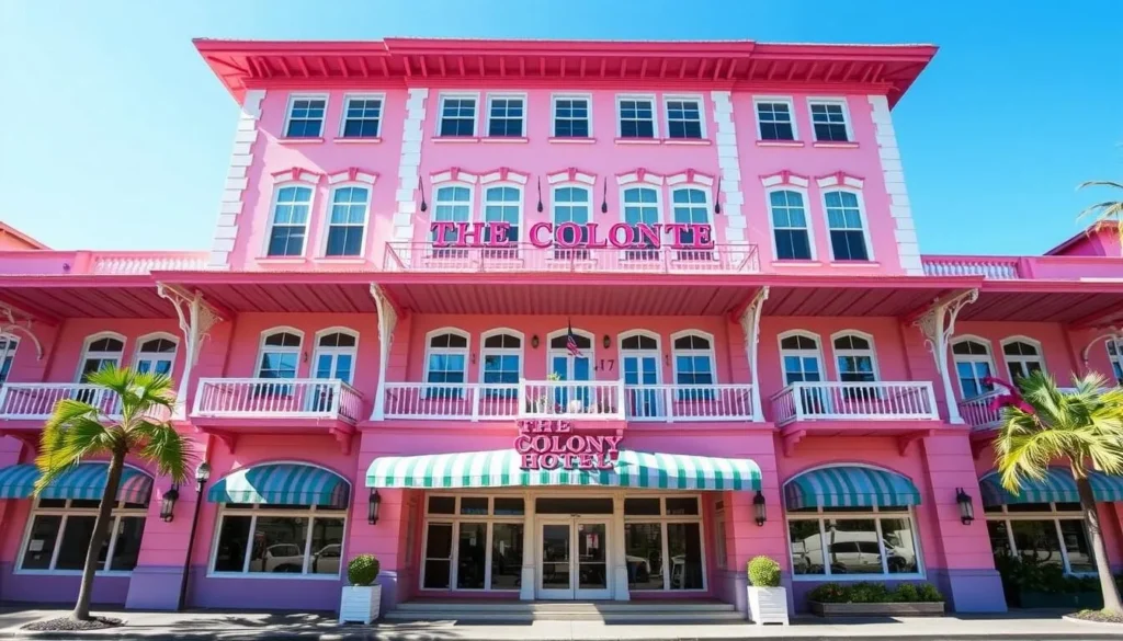 Generate an image of The Colony Hotel's iconic pink façade
