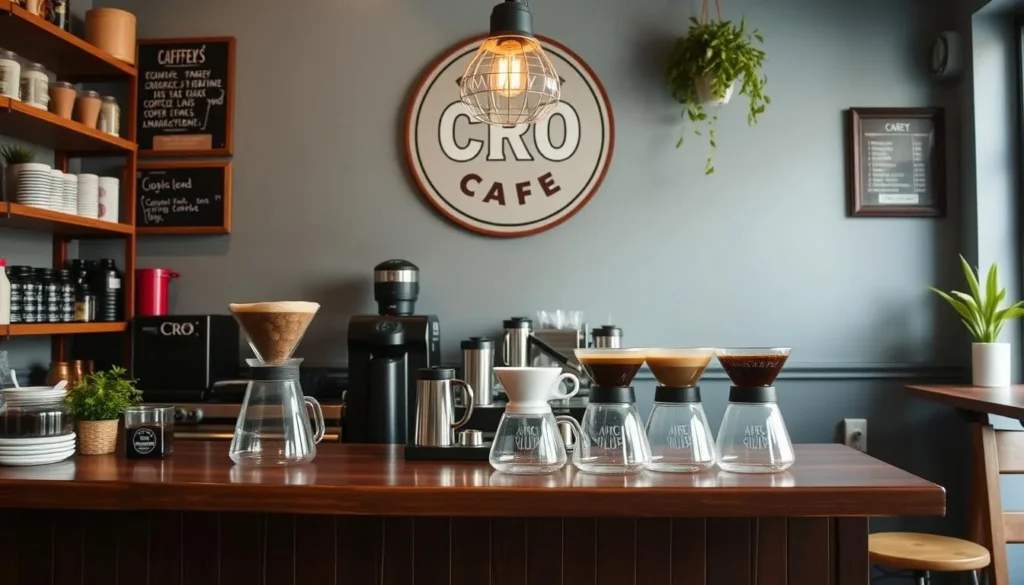 Generate an image of The Cro Cafe, a charming coffee shop in Temescal, Oakland, with a selection of pour-over coffees.