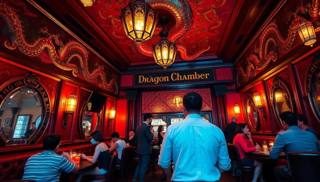 Generate an image of The Dragon Chamber speakeasy in Singapore